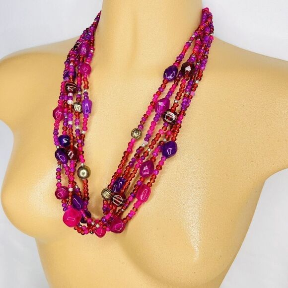 Vintage Multi Strand Glass Lucite Necklace Glass Purple Pink Shade Beads 4713 - Picture 4 of 10